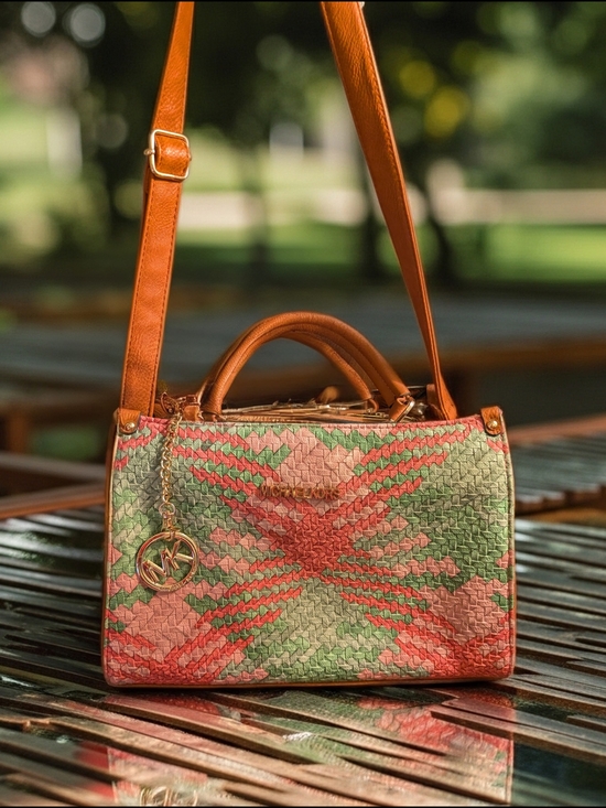 Michael Kors Handbags - Michael Kors Orange Pink Green Woven Satchel